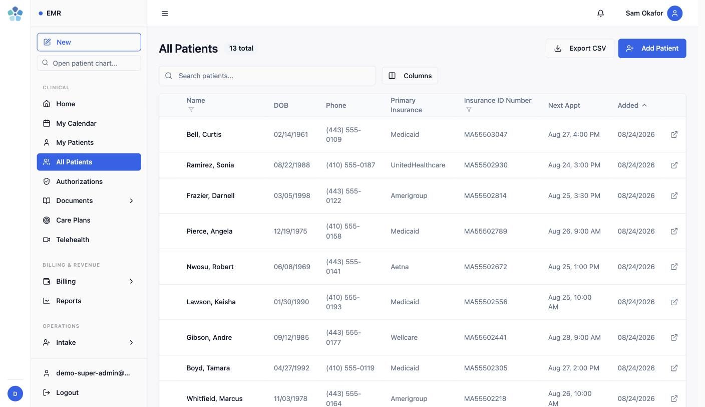 Mallow patient list with search, insurance details, and next appointment for every client