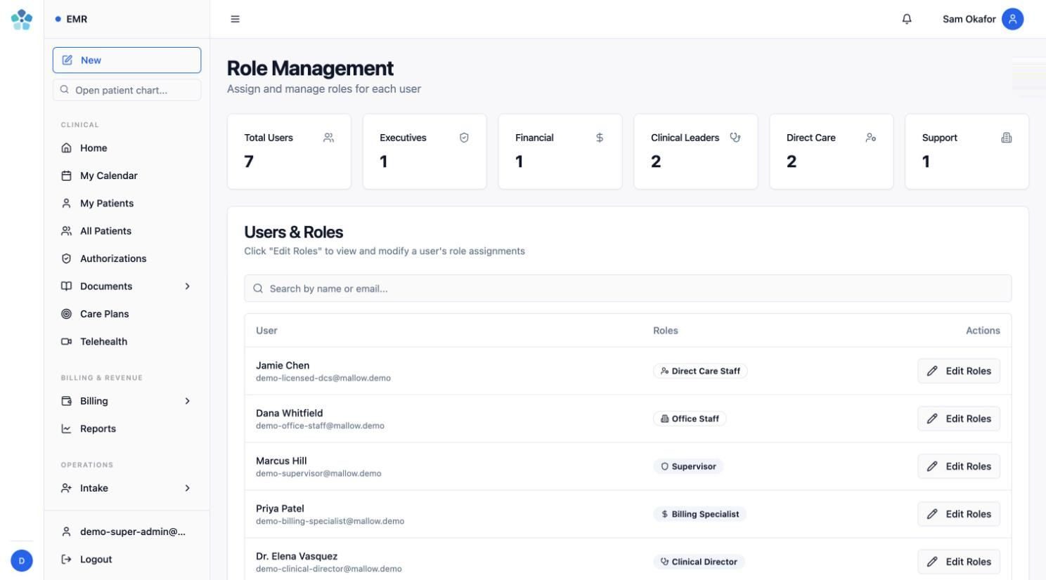 Mallow role management screen for assigning clinical, billing, and admin roles to staff