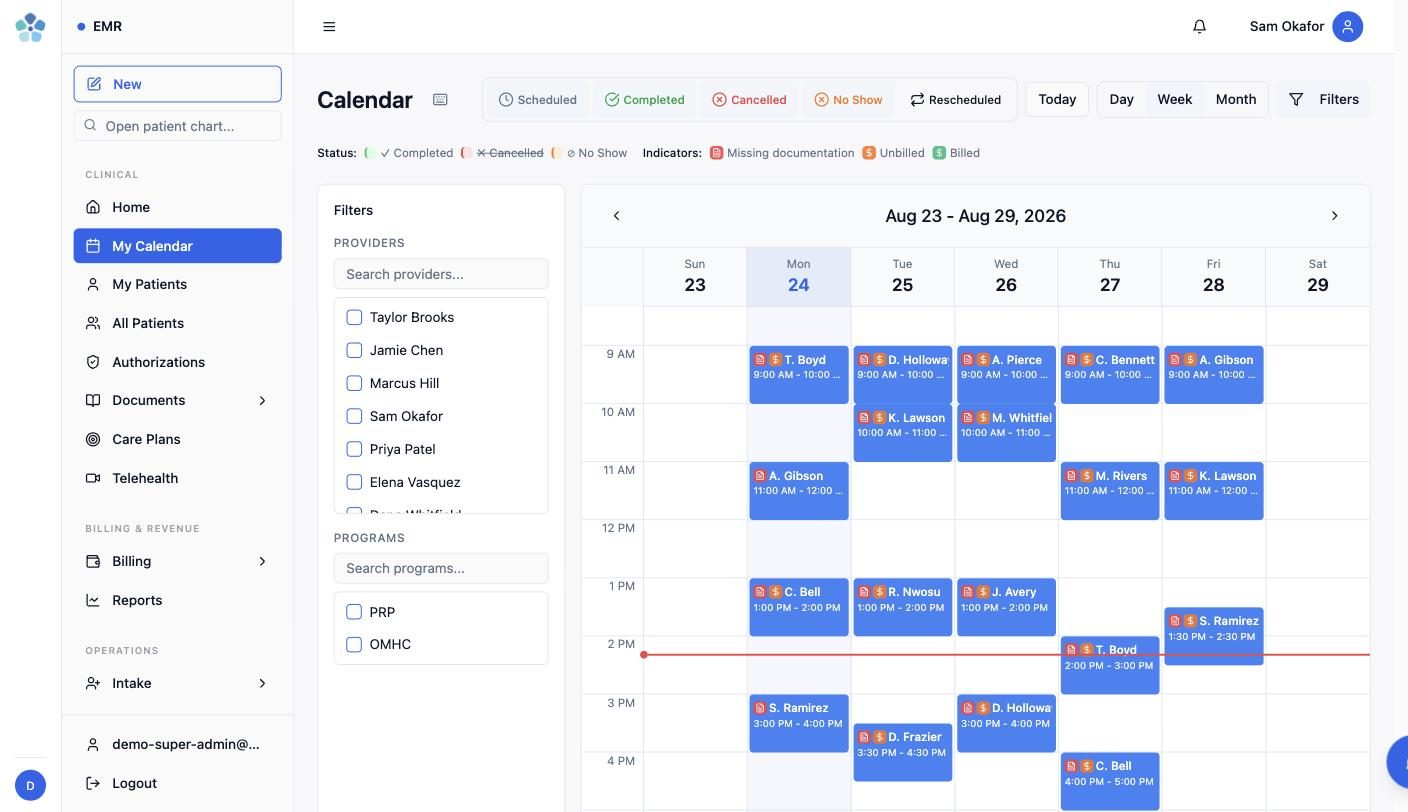 Mallow calendar week view with missing documentation and unbilled indicators on every appointment