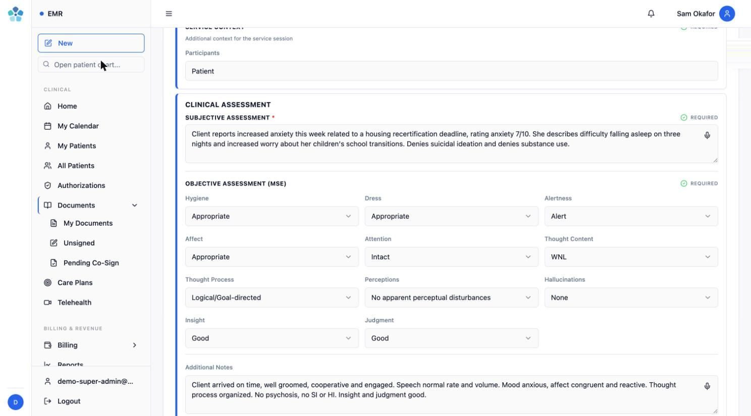 Mallow structured document editor with mental status exam fields and required section validation